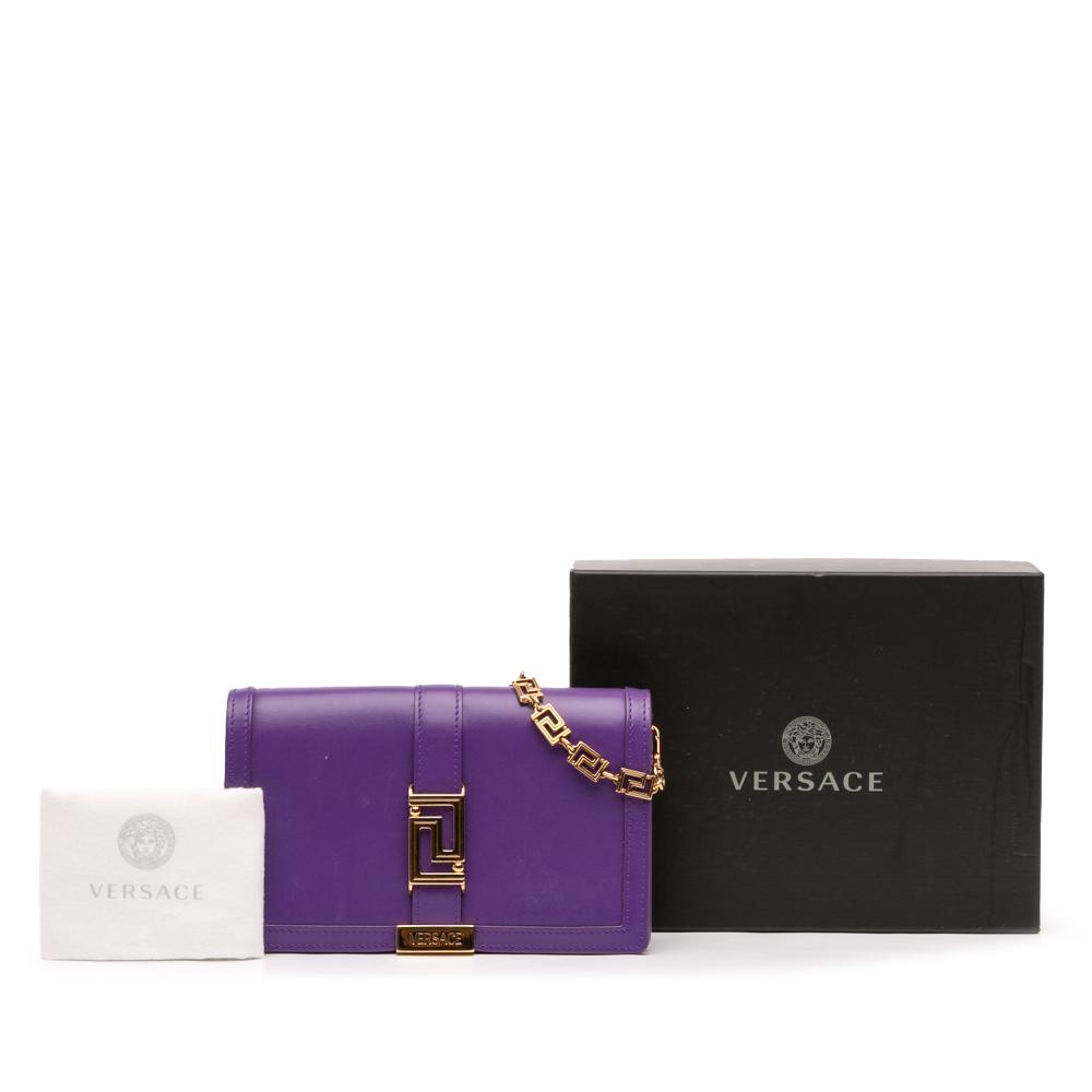 Versace B Versace Purple Dark Purple Calf Leather Greca Goddess Wallet on Chain Italy