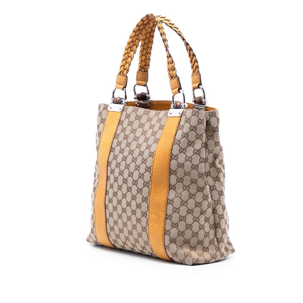 Gucci AB Gucci Brown Beige with Yellow Canvas Fabric Large GG Bamboo Libeccio Tote Italy
