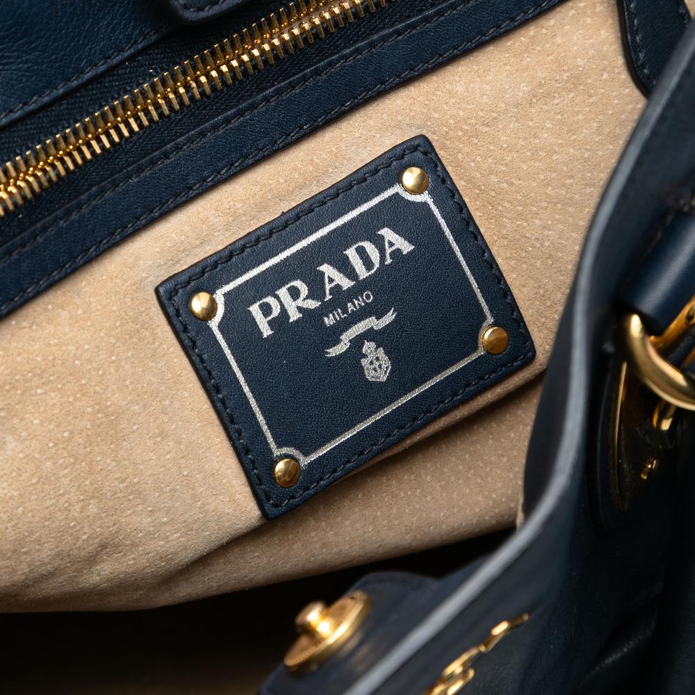 Prada B Prada Blue Navy Calf Leather Soft skin Open Convertible Shopping Tote Turkey