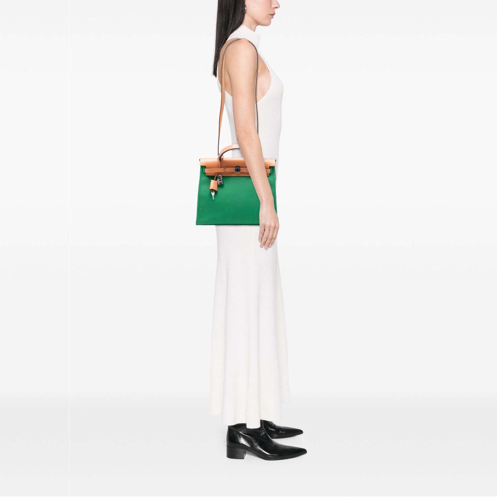 Hermès B Hermès Green with Brown Canvas Fabric Toile Herbag Zip 31 France