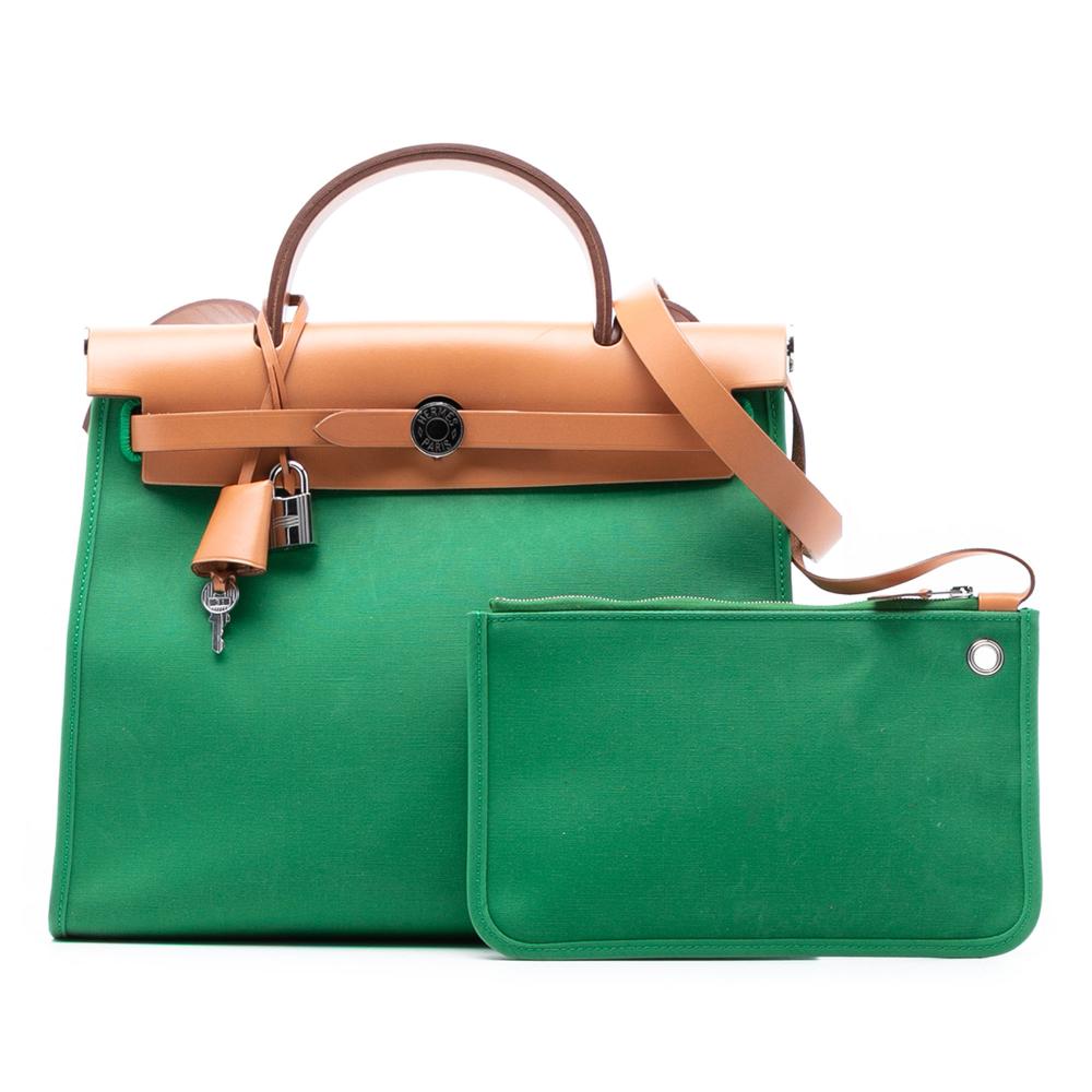 Hermès B Hermès Green with Brown Canvas Fabric Toile Herbag Zip 31 France