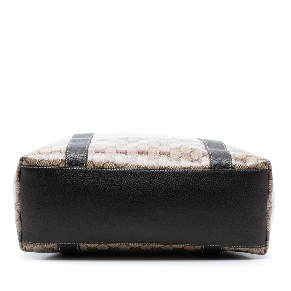 Gucci B Gucci Brown Beige Coated Canvas Fabric GG Crystal Bamboo Shopper Tote Italy