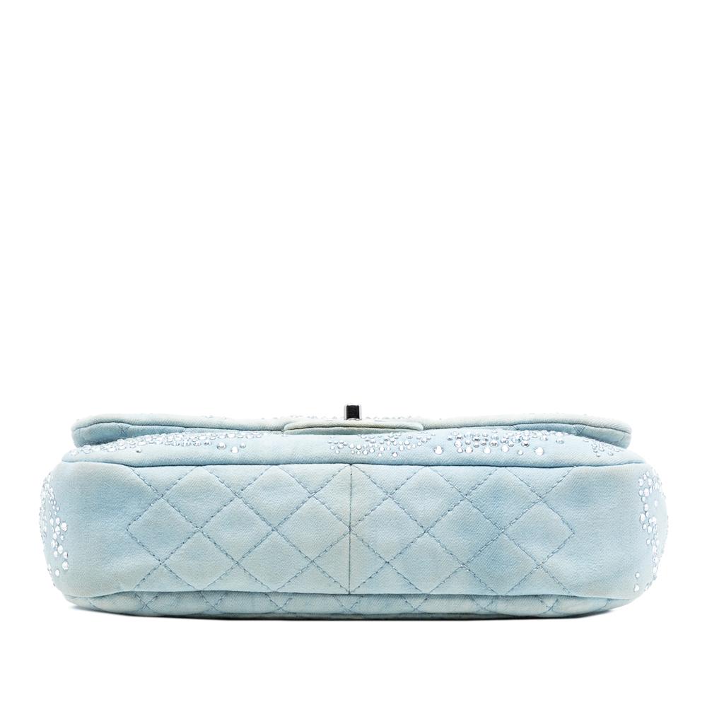 Chanel B Chanel Blue Light Blue Denim Fabric Medium CC Quilted Crystal Embellished Single Flap France