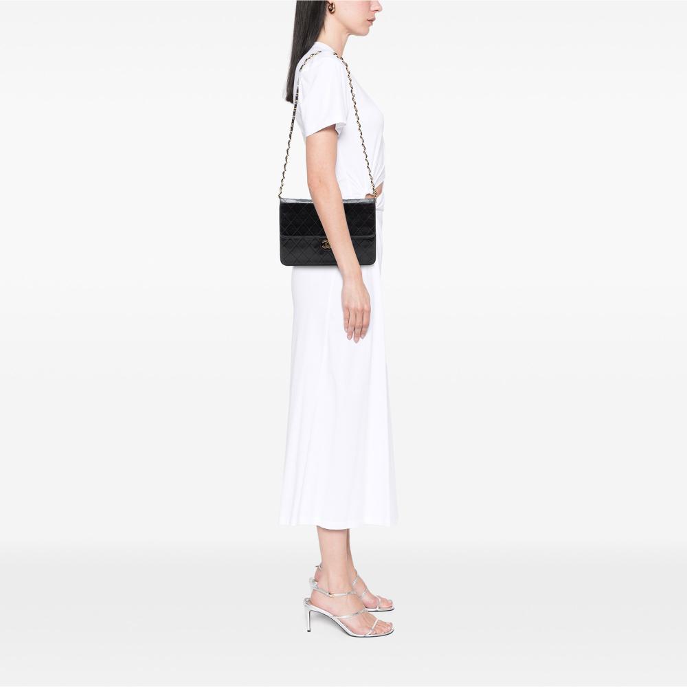 Chanel B Chanel Black Lambskin Leather Leather Medium CC Quilted Lambskin Single Flap France