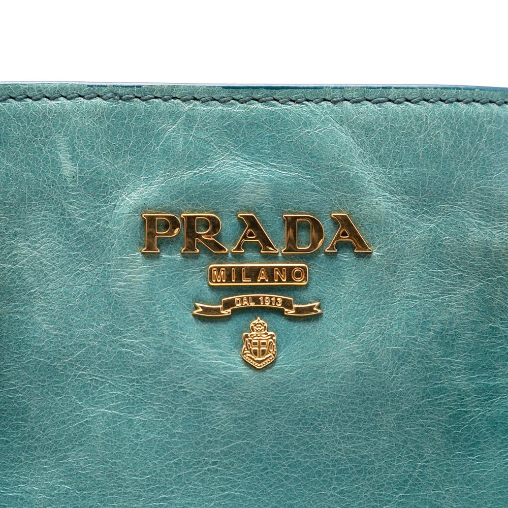 Prada B Prada Blue Peacock Calf Leather Vitello Shine Satchel Italy