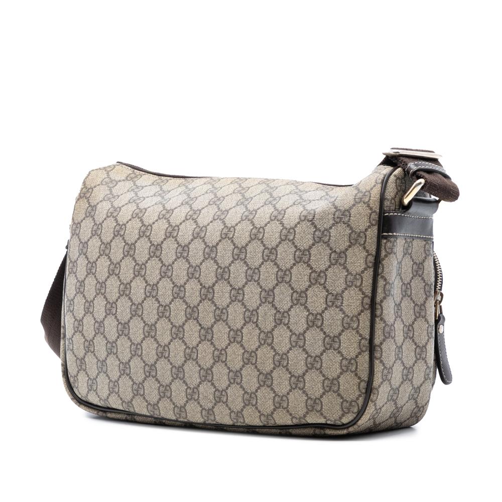 Gucci B Gucci Brown Beige Coated Canvas Fabric GG Supreme Double Pocket Crossbody Italy