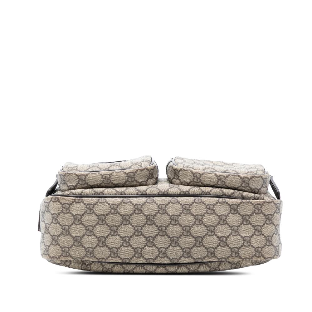 Gucci B Gucci Brown Beige Coated Canvas Fabric GG Supreme Double Pocket Crossbody Italy