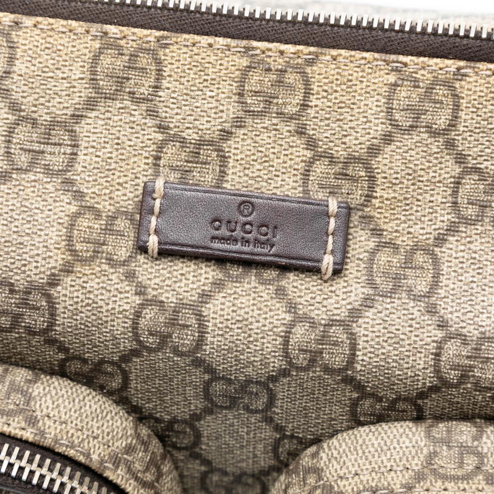 Gucci B Gucci Brown Beige Coated Canvas Fabric GG Supreme Double Pocket Crossbody Italy