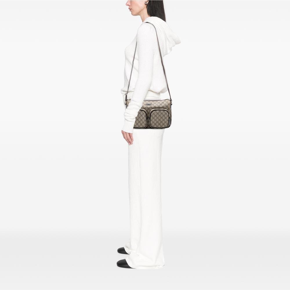 Gucci B Gucci Brown Beige Coated Canvas Fabric GG Supreme Double Pocket Crossbody Italy