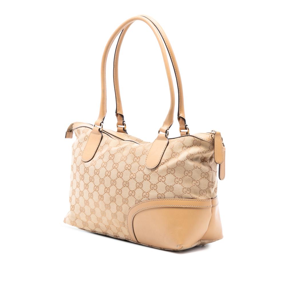 Gucci AB Gucci Brown Beige Canvas Fabric GG Horsebit Web Handbag Italy
