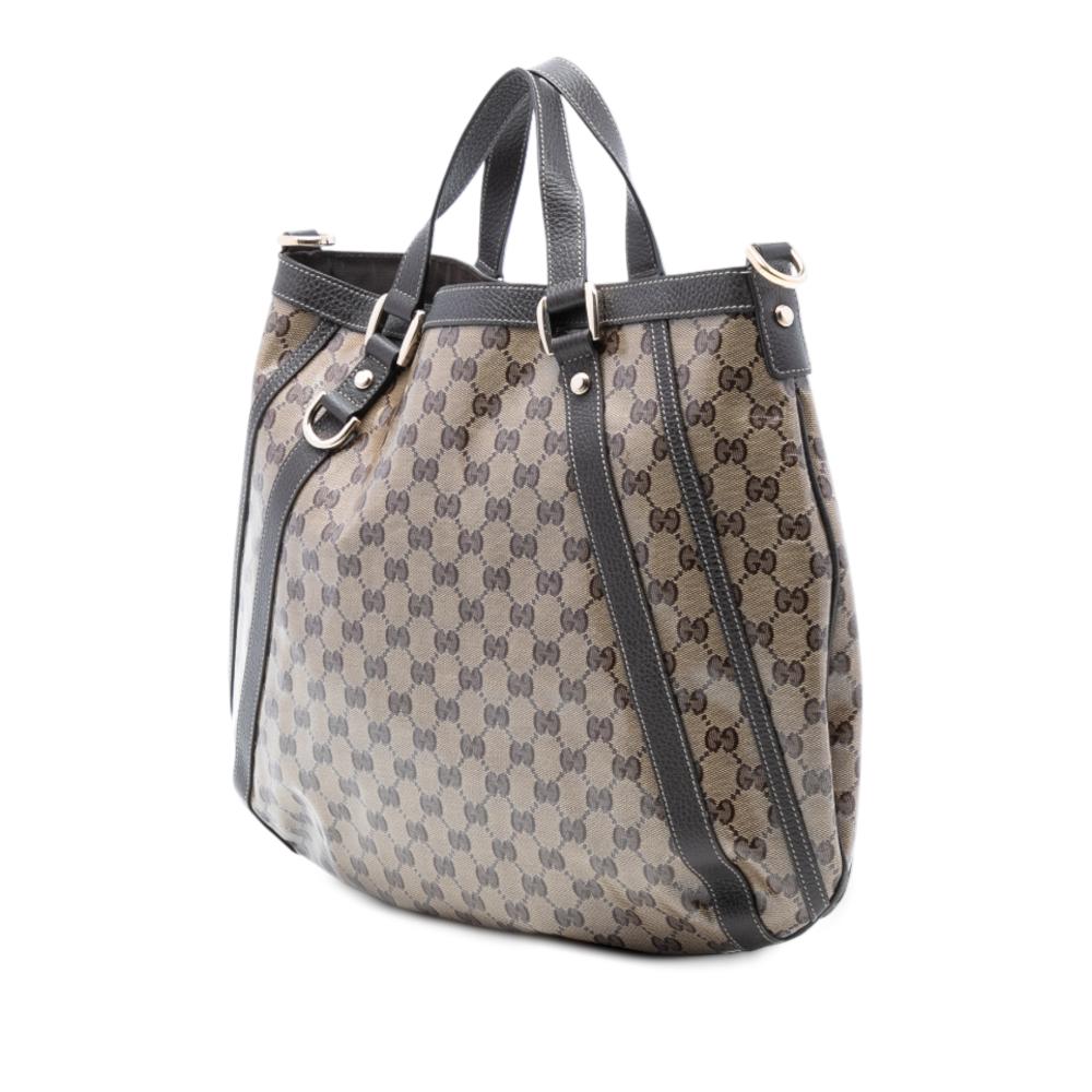Gucci B Gucci Brown Beige Coated Canvas Fabric GG Crystal Abbey D Ring Convertible Tote Italy