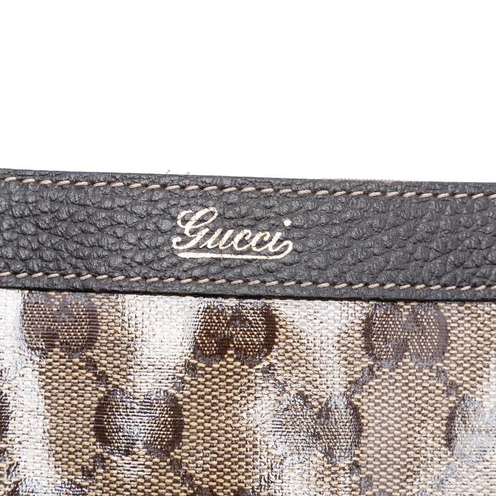 Gucci B Gucci Brown Beige Coated Canvas Fabric GG Crystal Abbey D Ring Convertible Tote Italy