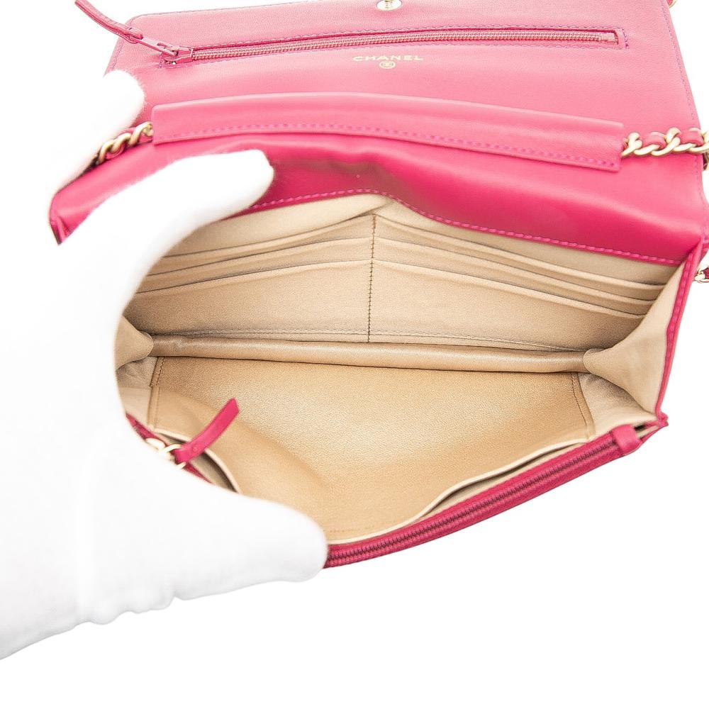 Chanel Pink Dark Pink Lambskin Leather Leather CC Embossed Lambskin Camellia Wallet On Chain France