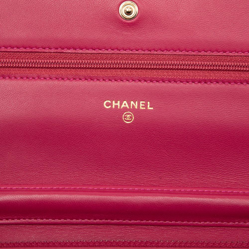 Chanel Pink Dark Pink Lambskin Leather Leather CC Embossed Lambskin Camellia Wallet On Chain France