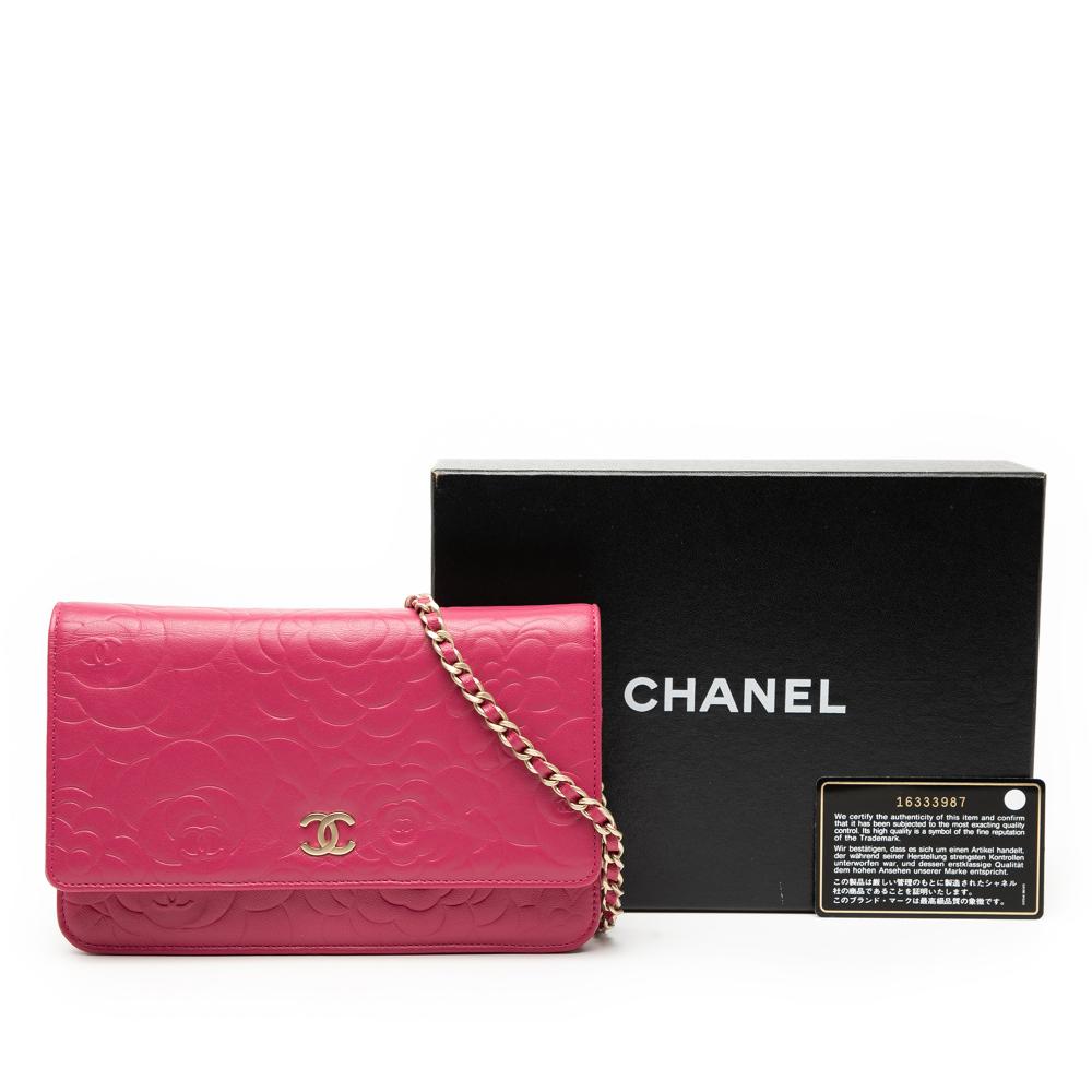 Chanel Pink Dark Pink Lambskin Leather Leather CC Embossed Lambskin Camellia Wallet On Chain France