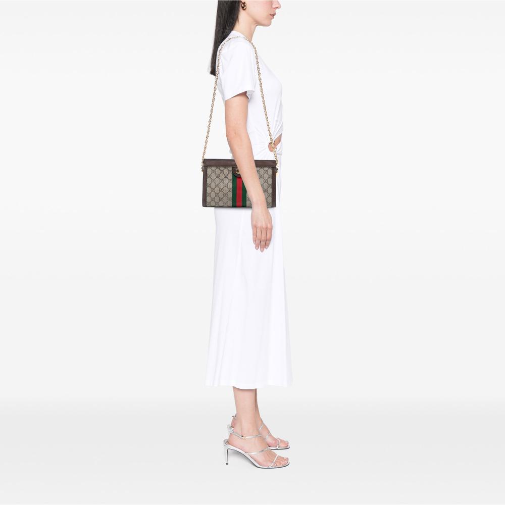 Gucci AB Gucci Brown Beige Coated Canvas Fabric Small GG Supreme Web Ophidia Chain Crossbody Italy