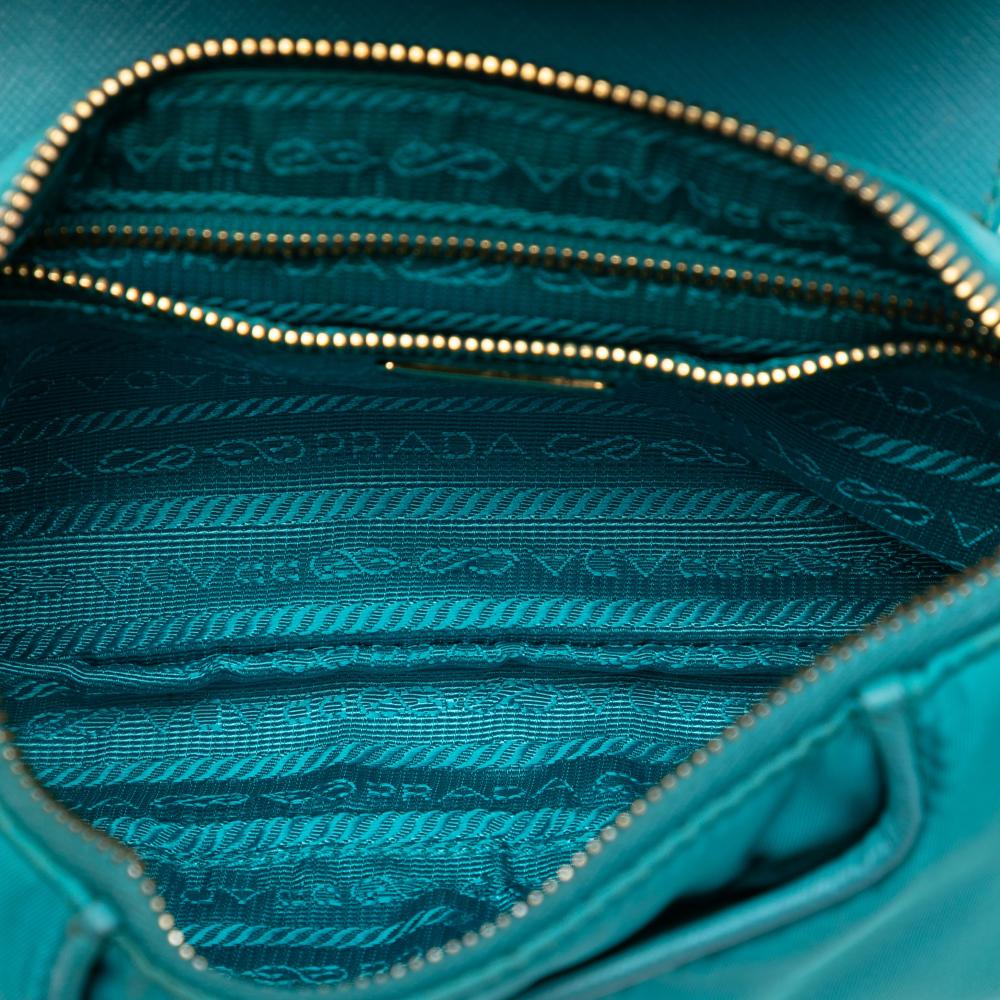 Prada AB Prada Blue Turquoise Nylon Fabric Saffiano Trimmed Tessuto Chain Crossbody Italy