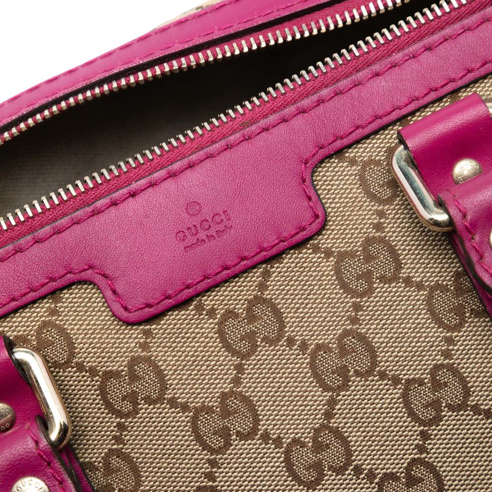 Gucci B Gucci Brown Beige with Pink Canvas Fabric Medium GG Joy Boston Bag Italy