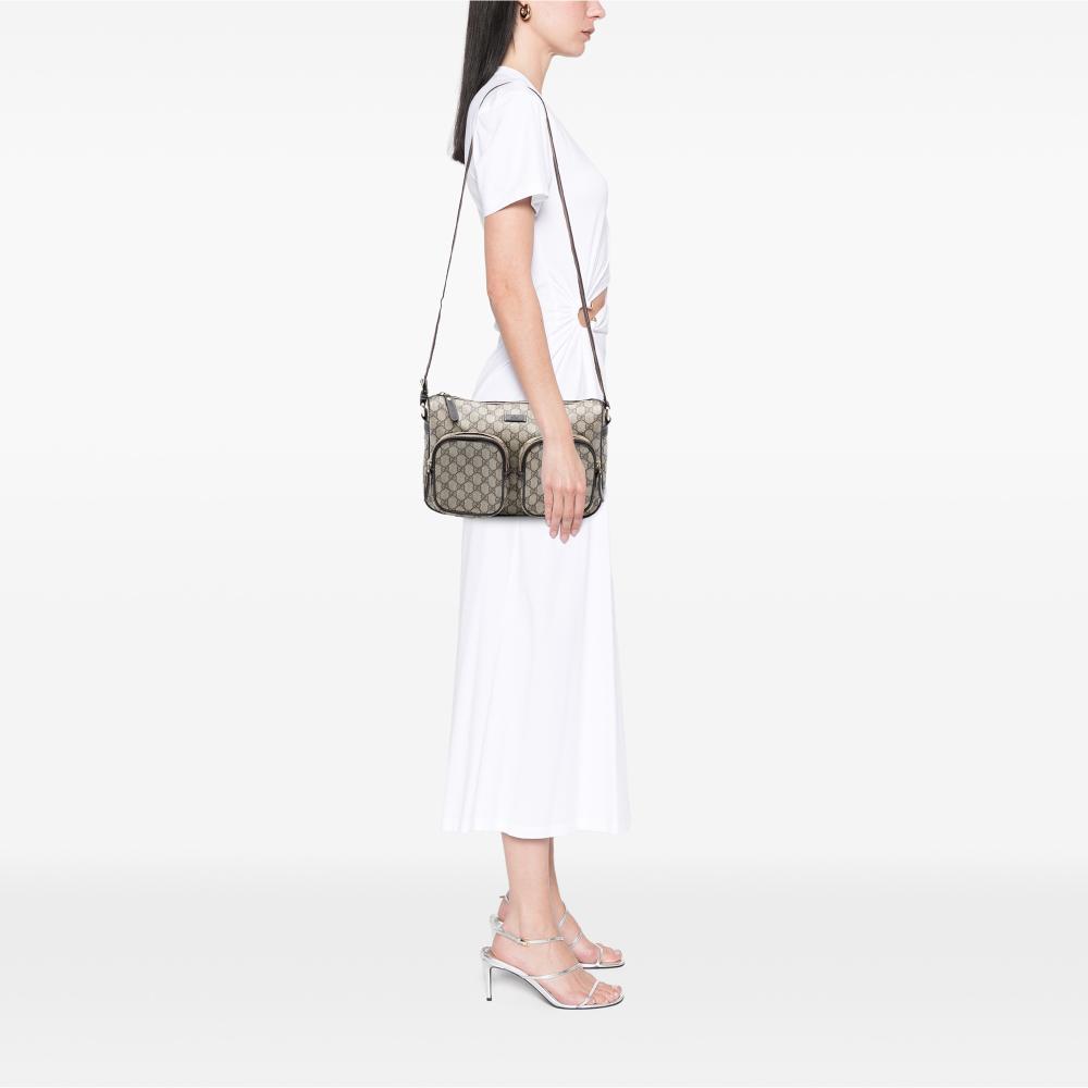 Gucci AB Gucci Brown Beige Coated Canvas Fabric GG Supreme Double Pocket Crossbody Italy