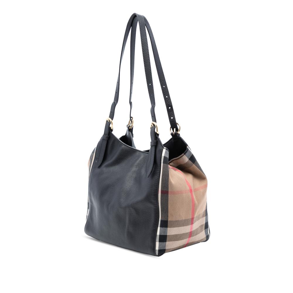 Burberry B Burberry Black with Brown Beige Calf Leather Small and House Check Canvas Canterbury Tote Italy