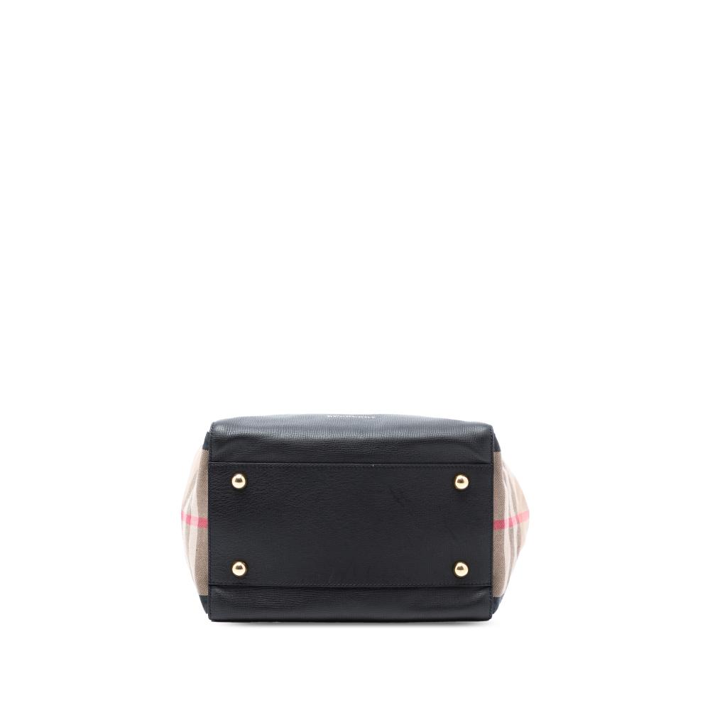 Burberry B Burberry Black with Brown Beige Calf Leather Small and House Check Canvas Canterbury Tote Italy