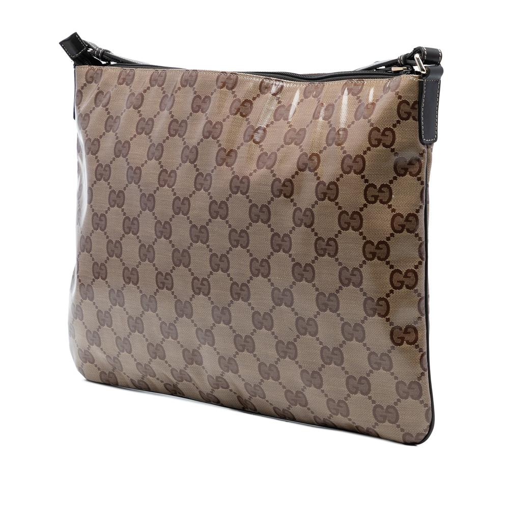Gucci B Gucci Brown Beige Coated Canvas Fabric GG Crystal Crossbody Italy