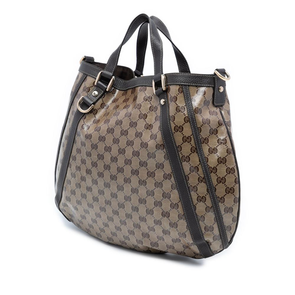 Gucci B Gucci Brown Beige Coated Canvas Fabric GG Crystal Abbey D Ring Convertible Tote Italy