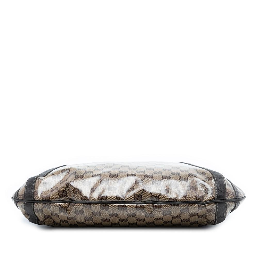 Gucci B Gucci Brown Beige Coated Canvas Fabric GG Crystal Abbey D Ring Convertible Tote Italy