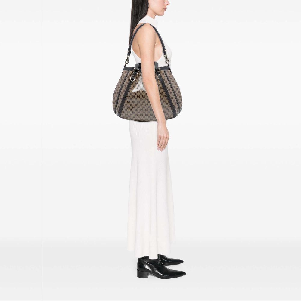 Gucci B Gucci Brown Beige Coated Canvas Fabric GG Crystal Abbey D Ring Convertible Tote Italy