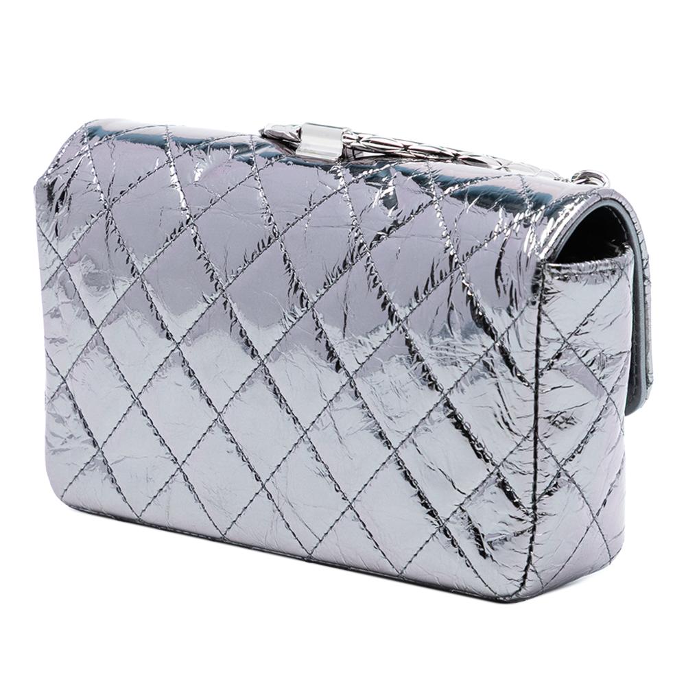Chanel AB Chanel Silver Calf Leather Mini Quilted Metallic skin Ring Top Handle Flap France