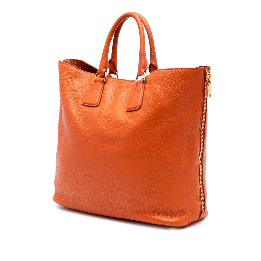 Prada AB Prada Orange Calf Leather Vitello Daino Side Zip Convertible Tote Italy