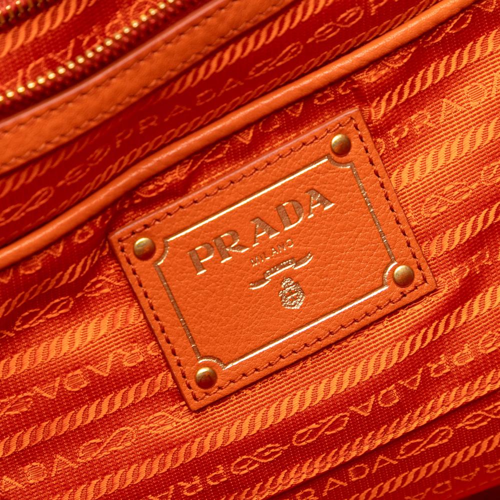 Prada AB Prada Orange Calf Leather Vitello Daino Side Zip Convertible Tote Italy