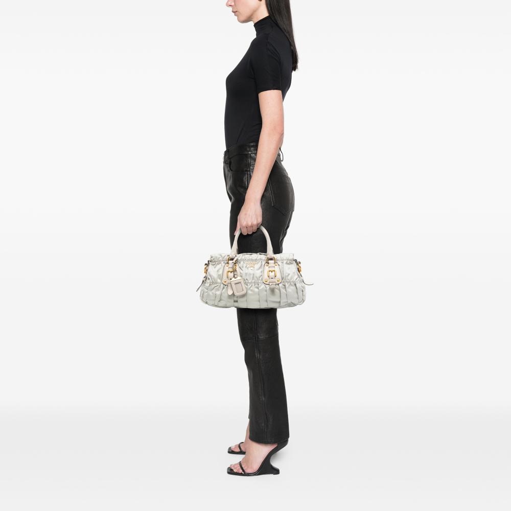 Prada B Prada Brown Light Beige Nylon Fabric Tessuto Gaufre Satchel Italy