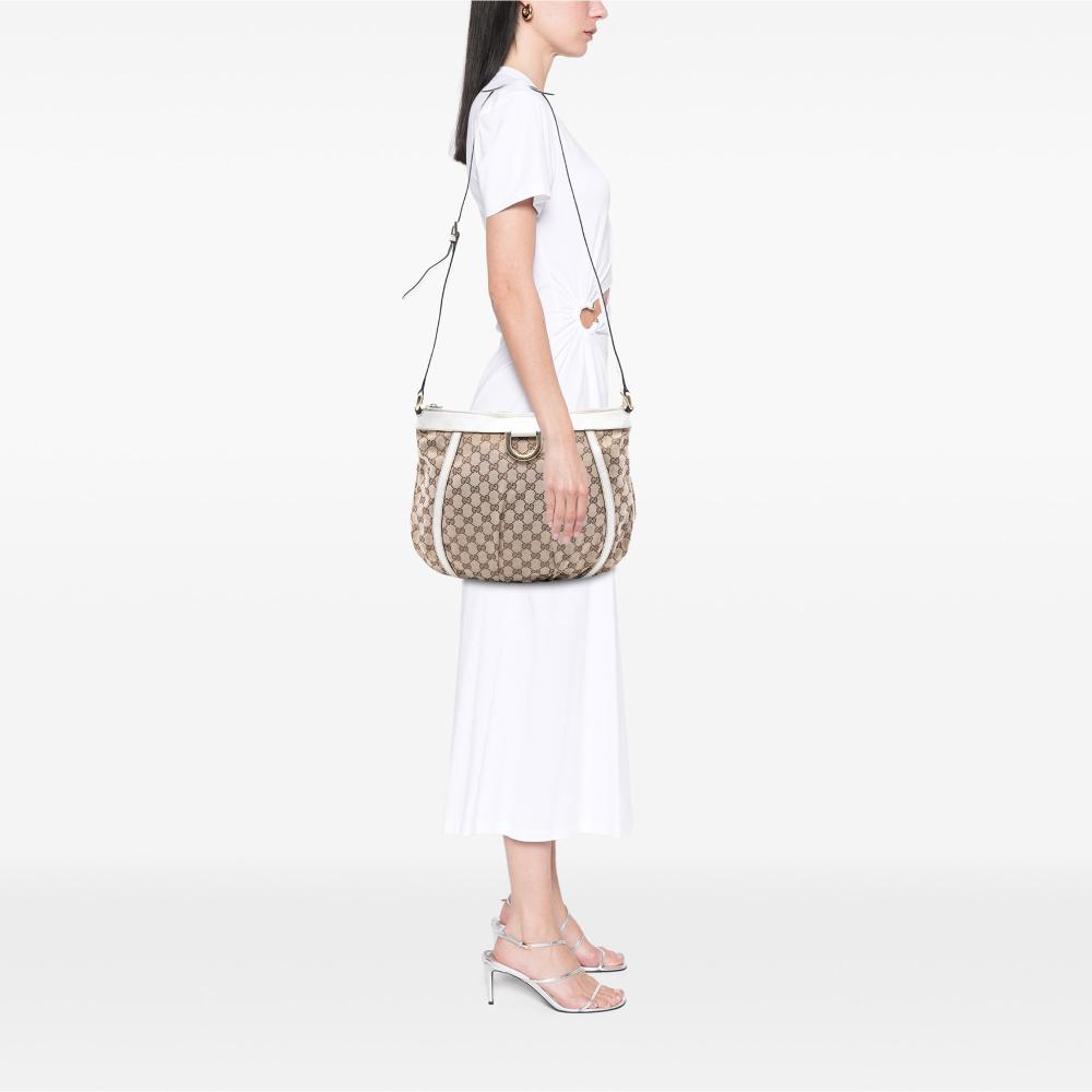 Gucci B Gucci Brown Beige with White Canvas Fabric GG Abbey D Ring Crossbody Italy
