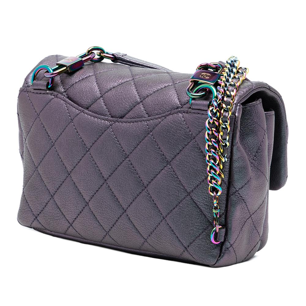 Chanel Purple Goatskin Leather Small Iridescent Rainbow Hardware Double Carry Waist Chain Flap Italy