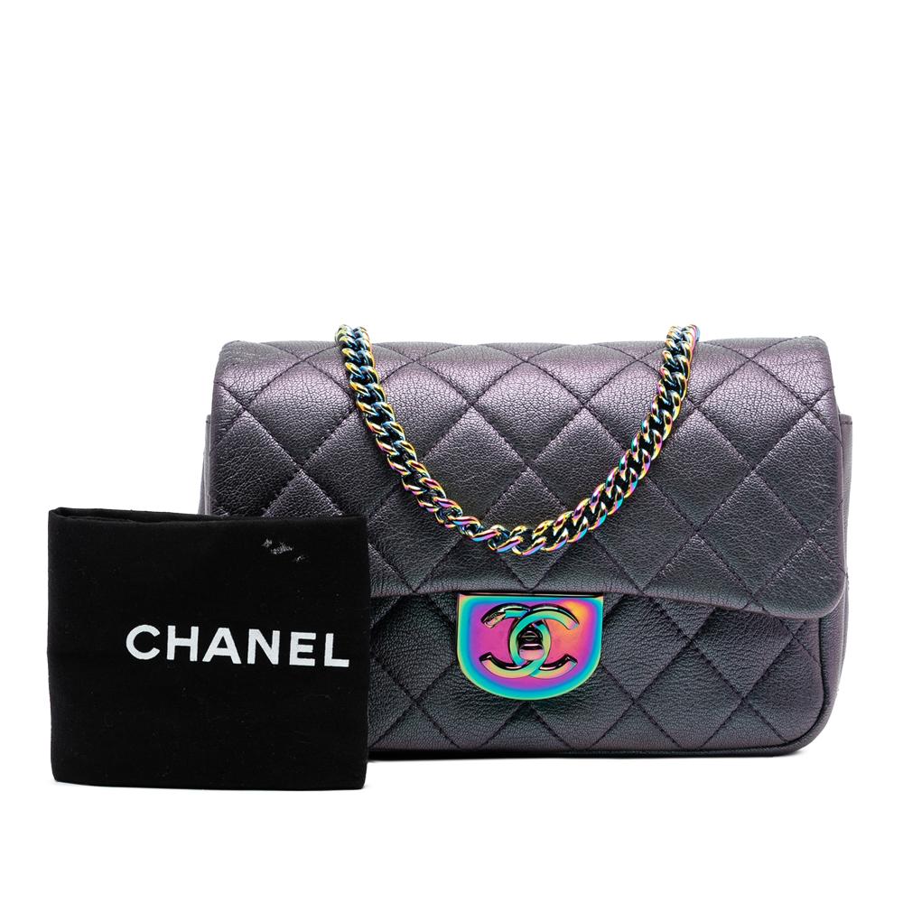 Chanel Purple Goatskin Leather Small Iridescent Rainbow Hardware Double Carry Waist Chain Flap Italy