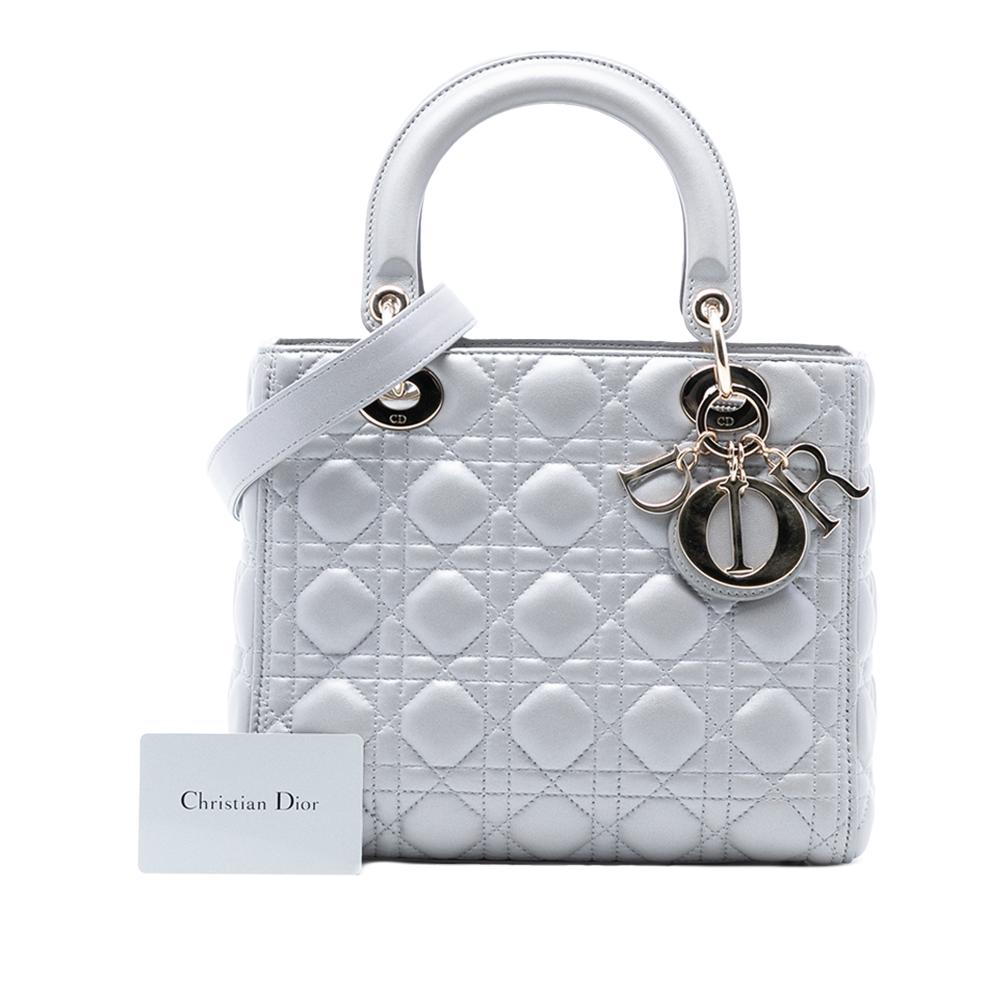 Christian Dior AB Dior Gray Lambskin Leather Leather Medium Pearlescent Lambskin Cannage Lady Dior Italy