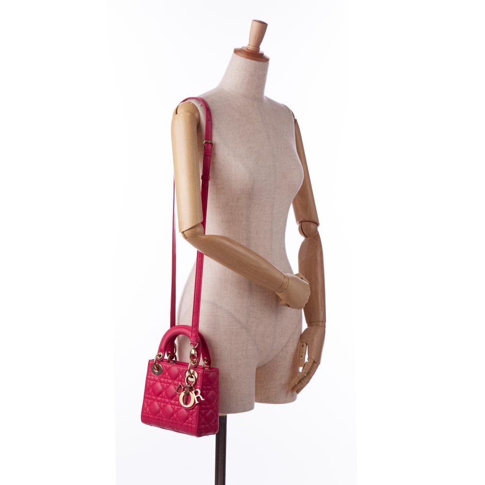 Christian Dior AB Dior Pink Lambskin Leather Leather Mini Lambskin Cannage Lady Dior Italy
