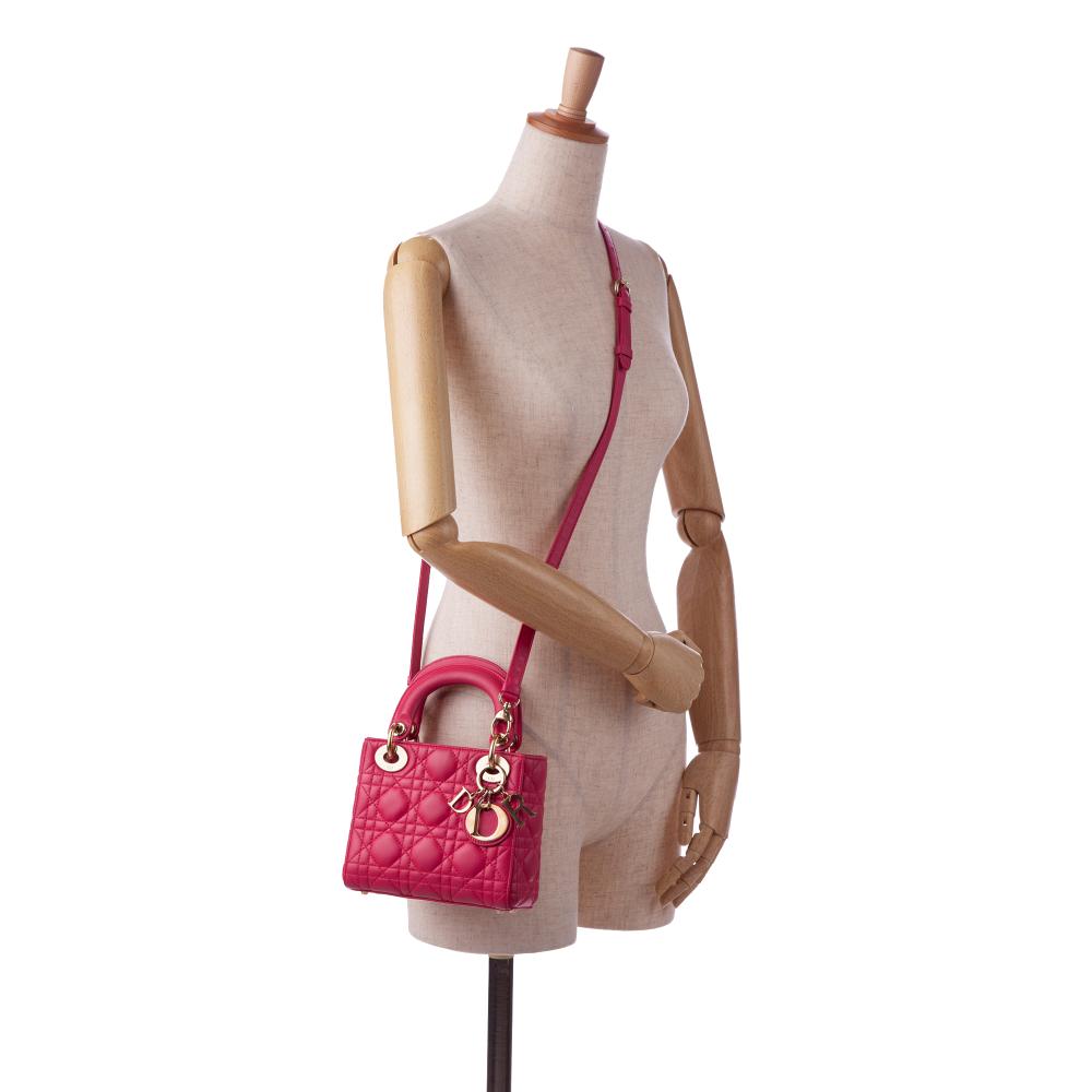 Christian Dior AB Dior Pink Lambskin Leather Leather Mini Lambskin Cannage Lady Dior Italy