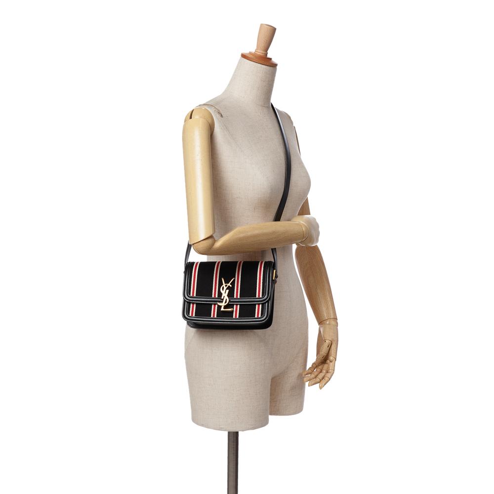 Saint Laurent AB Saint Laurent Black with Multi Canvas Fabric Small Striped Solferino Satchel In Box Italy