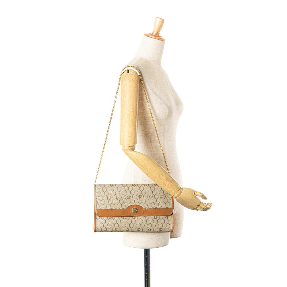 Christian Dior B Dior Brown Beige Coated Canvas Fabric Honeycomb Chain Shoulder Bag France