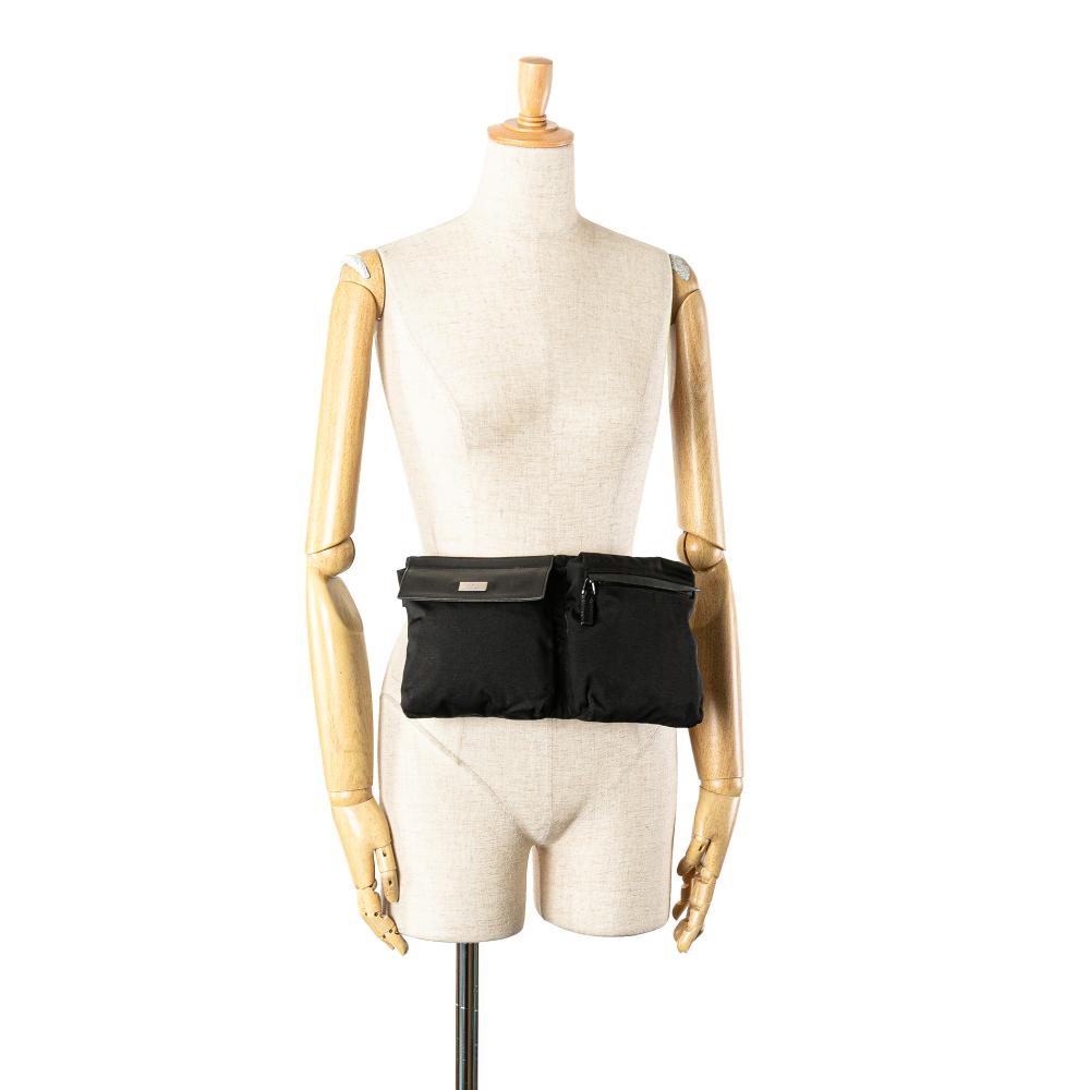 Gucci B Gucci Black Nylon Fabric Double Pocket Belt Bag Italy
