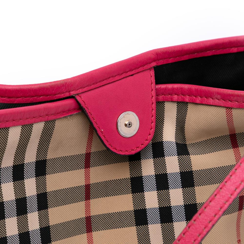 Burberry B Burberry Brown Beige Canvas Fabric Small Haymarket Check and Leather Canterbury Tote Italy