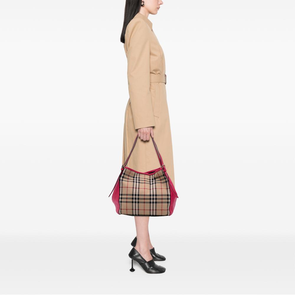 Burberry B Burberry Brown Beige Canvas Fabric Small Haymarket Check and Leather Canterbury Tote Italy