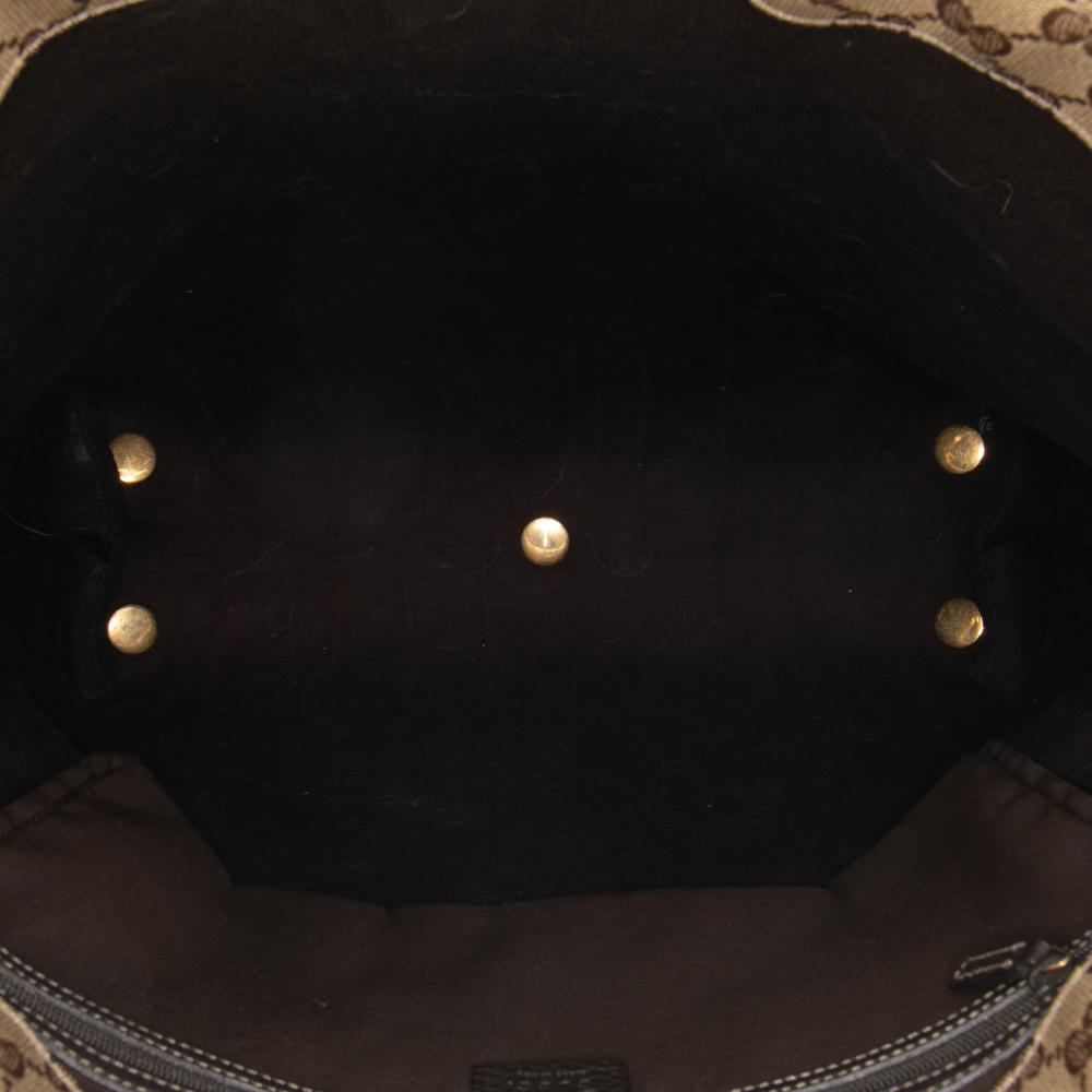 Gucci B Gucci Brown Beige Coated Canvas Fabric GG Crystal Babouska Tote Italy