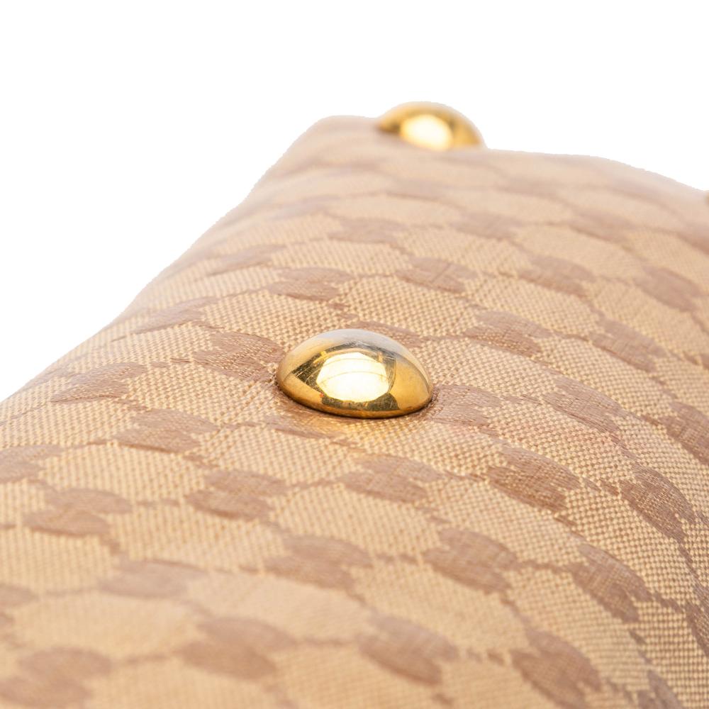 Gucci B Gucci Brown Beige Coated Canvas Fabric GG Crystal Babouska Tote Italy