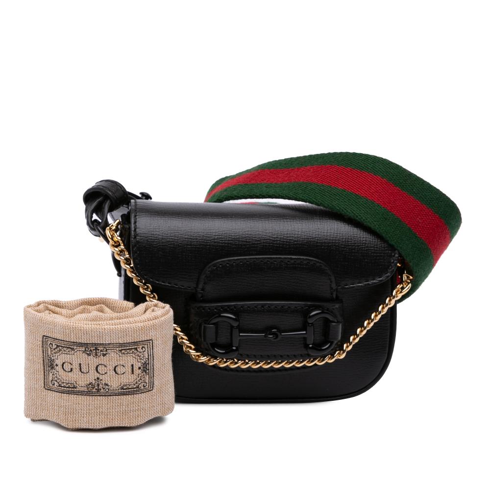Gucci AB Gucci Black Calf Leather Mini Horsebit 1955 Web Satchel Italy