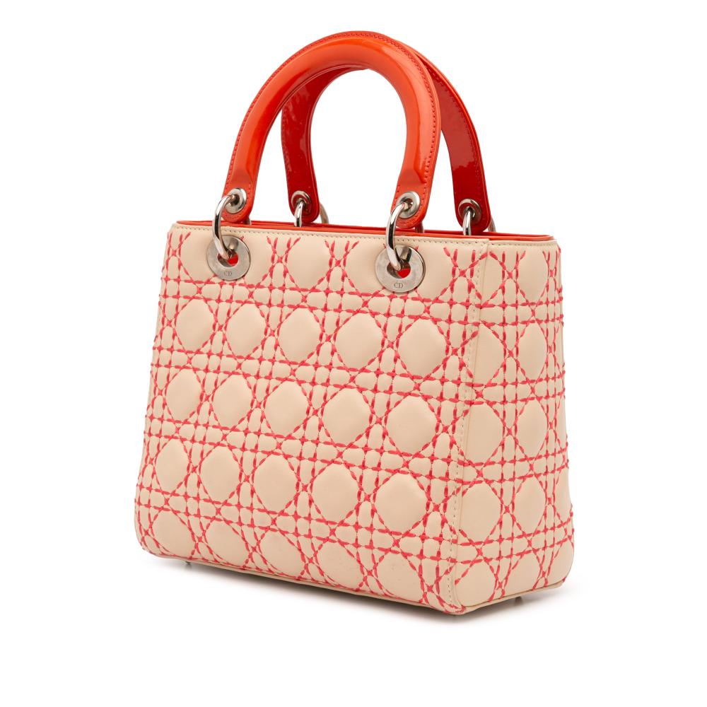 Christian Dior B Dior Brown Beige Lambskin Leather Leather Medium Lambskin Cannage Stitched Lady Dior Italy