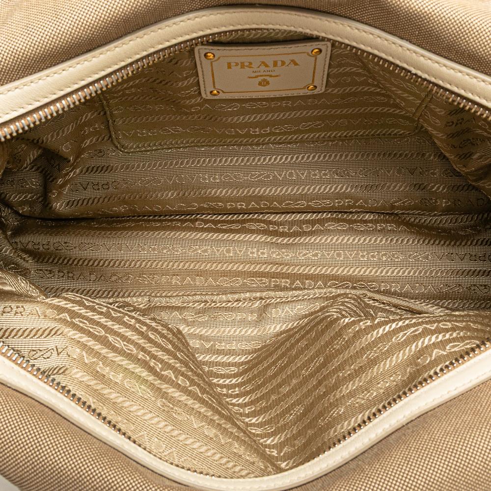Prada B Prada Brown Beige with White Canvas Fabric Canapa Logo Shoulder Bag Italy