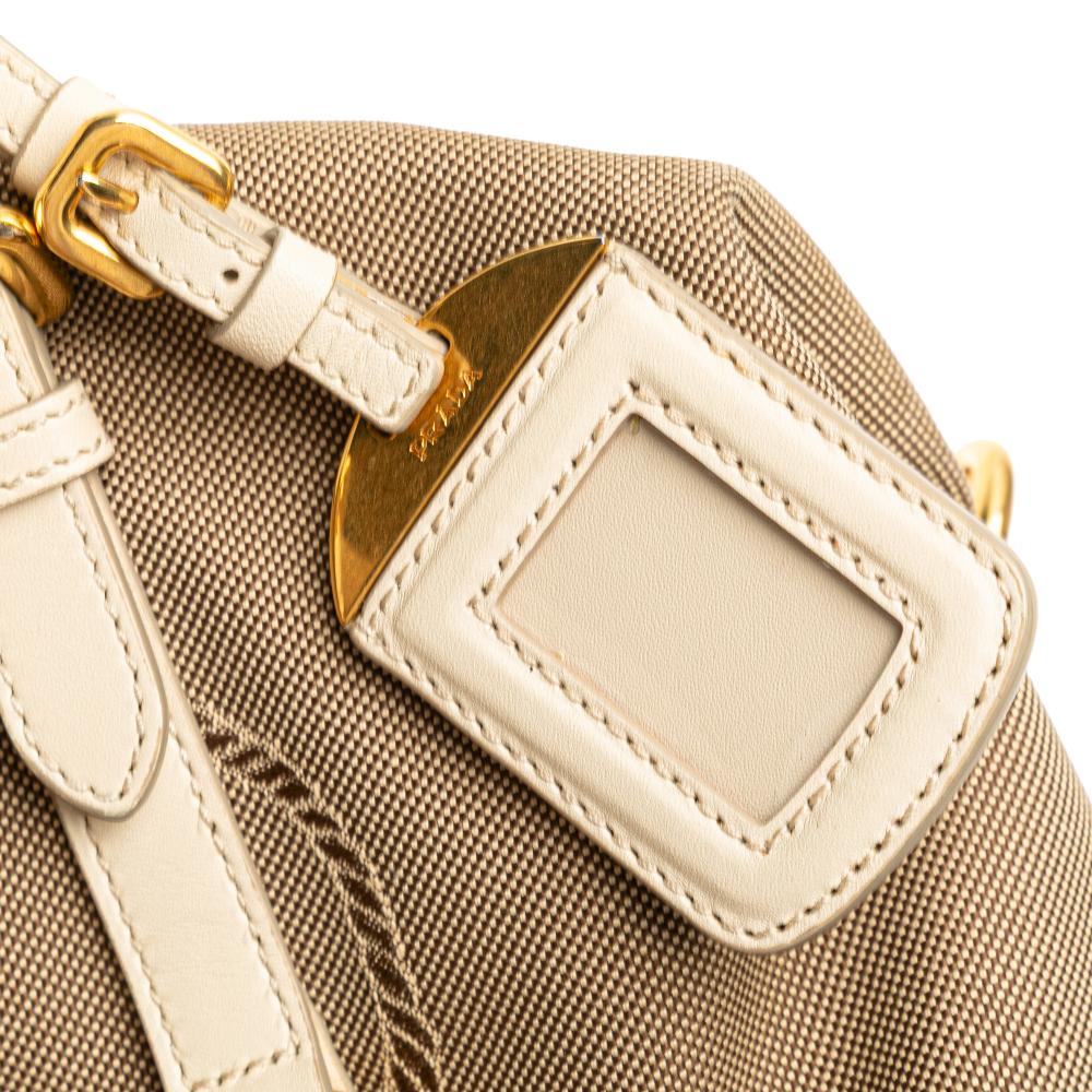 Prada B Prada Brown Beige with White Canvas Fabric Canapa Logo Shoulder Bag Italy